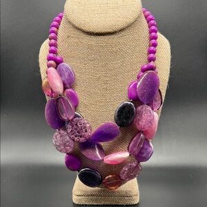 Purple Multi-Strand Statement Necklace | Acrylic Stone Bib | 18.5–21”